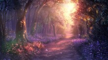 Morning Fantasy Background In A Forest. Path Through The Woods Magical Fantasy Forest At Sunrise. Seamless Looping Overlay 4k Virtual Video Animation Background