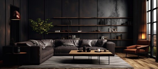 Wall Mural - A cozy living room in a city building with hardwood flooring, featuring a couch, chair, coffee table, and shelves made of wood and metal