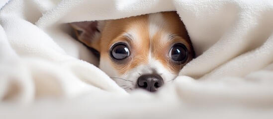 Canvas Print - A small fawn colored dog with white markings and whiskers is peeking out from under a white blanket, showing its ears and snout. The dog belongs to the Toy dog breed and is a companion dog