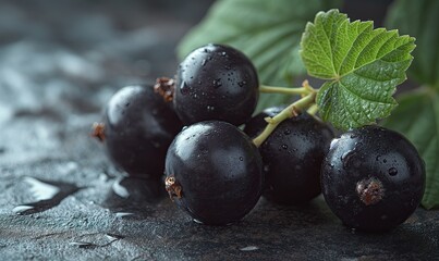 Wall Mural - Close-up of black currants on a tin background.