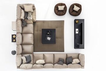 Poster - 3D Render top down view of a cozy family room with sectional sofa, media console, bean bags, and TV, on isolated white background, Generative AI