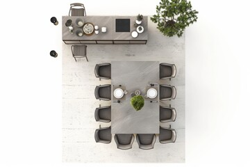 Wall Mural - 3D Render top down view of a spacious dining room with rectangular table, chairs, and buffet console, on isolated white background, Generative AI