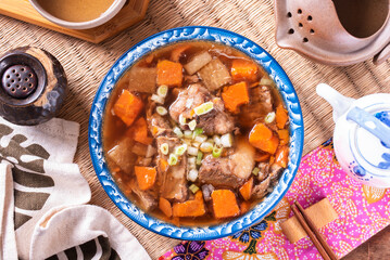 Wall Mural - Braised beef brisket, radish and carrot on the table