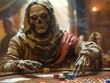 A mummy dressed in ancient Egyptian garb sits at a casino card table placing bets with a stern expression on its face