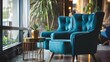 Blue Velvet Armchairs in Urban Hotel Lounge Basking in Golden Hour Warmth