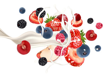 Poster - Mix berries smoothies fruit with milk splashing of Tropical fruits isolated on white background. Vector in 3D illustrations.