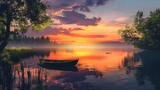 Fototapeta Zachód słońca - Idyllic Lake Sunset Scenery with Lone Boat.