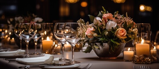 Poster - A beautifully arranged table with a vase of flowers and candles, creating a lovely ambiance for any event. The petals and stems of the flowers add a touch of elegance to the tableware and drinkware