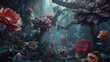 A hidden forest with oversized flowers and fantasy creatures