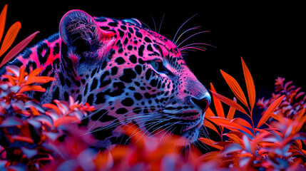 A leopard in neon pink and blue light crouching among vibrant orange foliage