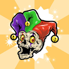 Vector Cartoon Illustration Of A Funny Skull Wearing A Colorful Clown Hat