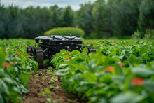 Innovative Agricultural Robot Tending To Crops In A Lush Field, Showcasing Cutting-edge Precision Farming, Agricultural Technology In Rural Landscape
