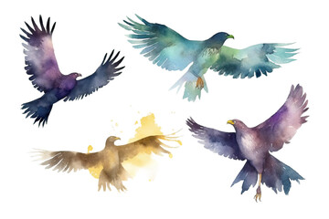 Wall Mural - eagles isolated flying background illustration birds watercolor white set