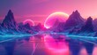 © CuratedAIMasterpiece - Futuristic fantasy landscape with neon glow and majestic mountains under a purple sky, digital art scenery.