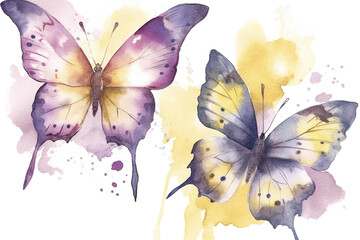 Wall Mural - Watercolor illustration purple delicate postcard banner butterflies design yellow