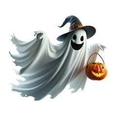 Wall Mural - flying halloween ghost in a white sheet isolated on white