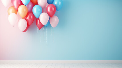 Wall Mural - colorful balloons with poster mockup on blue pink background 3d rendering