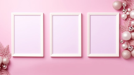 Wall Mural - festive elegant background with blank photo frame on pink background