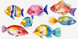 Set of colorful tropical fishes on white background. Watercolor illustration.
