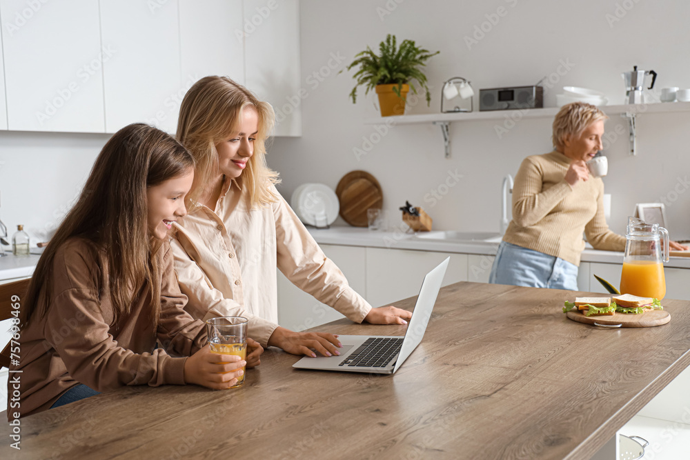 Little girl with her mom using laptop in kitchen