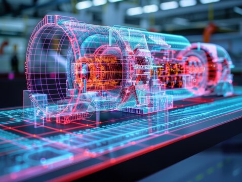 Holographic projection of engine parts in manufacturing process with digital twin technology concept in industry