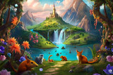 Fototapeta  - Whimsical fantasy world desktop wallpaper. Enchanting creatures, magical landscapes. Artistic and surreal imagery
