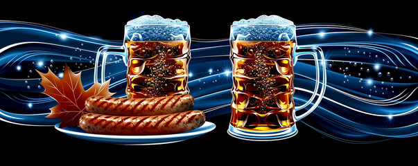 Wall Mural - Colorful illustration for a beer pub advertising banner. Beer, sausages, snacks.
