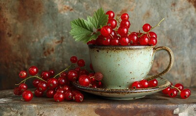 Wall Mural - Close-up of red currants in a cup on a tin background.