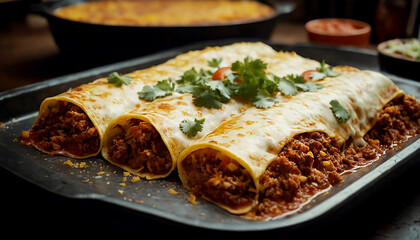 Wall Mural - Traditional Mexican dish enchiladas with meat and vegetable filling