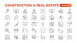 Real Estate and Construction line icons set. Real Estate outline icons collection. Purchase and sale of housing, builder, crane, rental of premises, insurance, realty, measure, tool. Thin line icon.