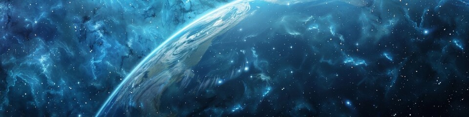 Wall Mural - cosmic view of earth blue tones with an ozone halo white clouds set against a galactic background