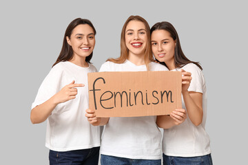 Poster - Portrait of beautiful women holding cardboard with word FEMINISM on grey background