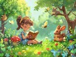 © Shutter2U - Imaginative creatures gather as young girl reads a fairy tale in a serene cartoon style meadow park