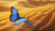 Against a backdrop of swirling sand dunes, a blue butterfly emerges, its wings a vibrant testament to the beauty of the desert landscape.