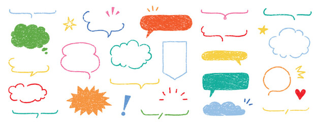 Poster - Cute crayon frame speech bubble set. Crayon chalk background speech bubble frame. Hand drawn chalk pencil dialog balloon, children color doodle text cloud. Vector illustration