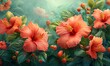 Abstract background with hibiscus flowers close up.