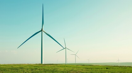 Wind turbines rise from a lush green field against a vast clear sky, representing the embrace of wind power as a clean and sustainable energy source in a natural rural setting.