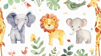 simple minimalist flat style watercolor sketch, cute cartoon of elephants, giraffes and lions