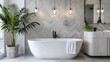 Elegant Bathroom with Herringbone Tiles, Marble Accents, and Potted Greenery
