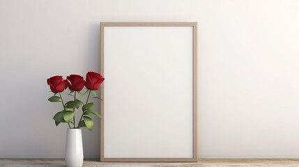 Wall Mural - mockup poster frame with red rose valentine on side
