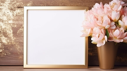 Wall Mural - mockup with golden frame and flowers love concept