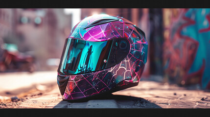 Motorbike helmet showcasing a vibrant and intricate spider web design, highlighting safety gear and colorful accents.