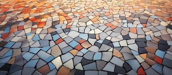 Poster - A closeup of a vibrant mosaic tile floor, showcasing intricate patterns and colors. The artistic display combines various building materials such as brick, cobblestone, and rectangles