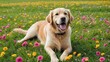 Golden retriever dog in flower field