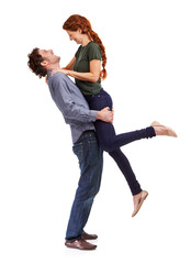 Poster - Couple, happy and lifting embrace in studio for marriage celebration or bonding connection, love or white background. Man, woman and relationship fun for playful boyfriend, laughing or mockup space