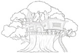 Fototapeta Las - Whimsical treehouse nestled within a grand old tree.