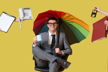 Sticker - Young businessman with umbrella and a lot of work to do sitting in chair on yellow background