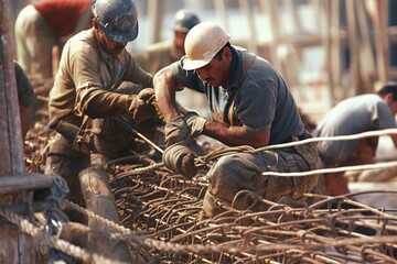 Wall Mural - construction workers tying rebar. Using the correct tying technique (Refers to expertise)