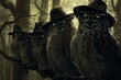 A council of owls wearing fedoras perched solemnly in a shadowy forest their gaze commanding respect