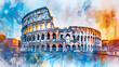 Watercolor Painting of the Colosseum in Rome - Artistic Hand-Painted Illustration of Iconic Landmark with Vibrant Colors and Detailed Architecture, Historical Monument in Italy, Generative AI

